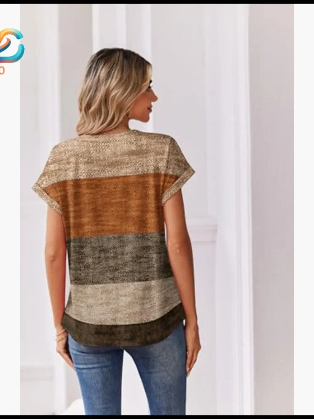 Short Sleeve V-Neck Blouse, Stretch Polyester, Work Casual Summer Top - Picture 5 of 7